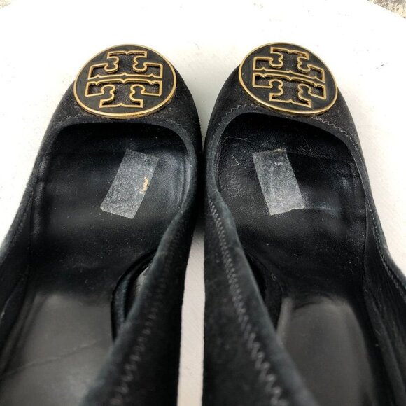 Tory Burch Women's Size 11M Maddie Black Suede Gold Tone Logo High Heel Pumps - Picture 6 of 16